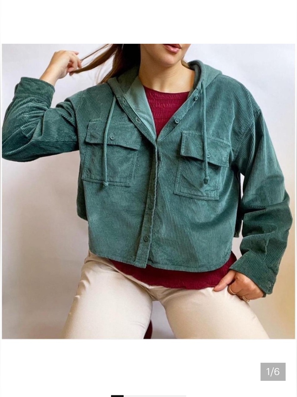 AMERICAN EAGLE HOODED CROPPED CORDUROY BUTTON UP SHIRT